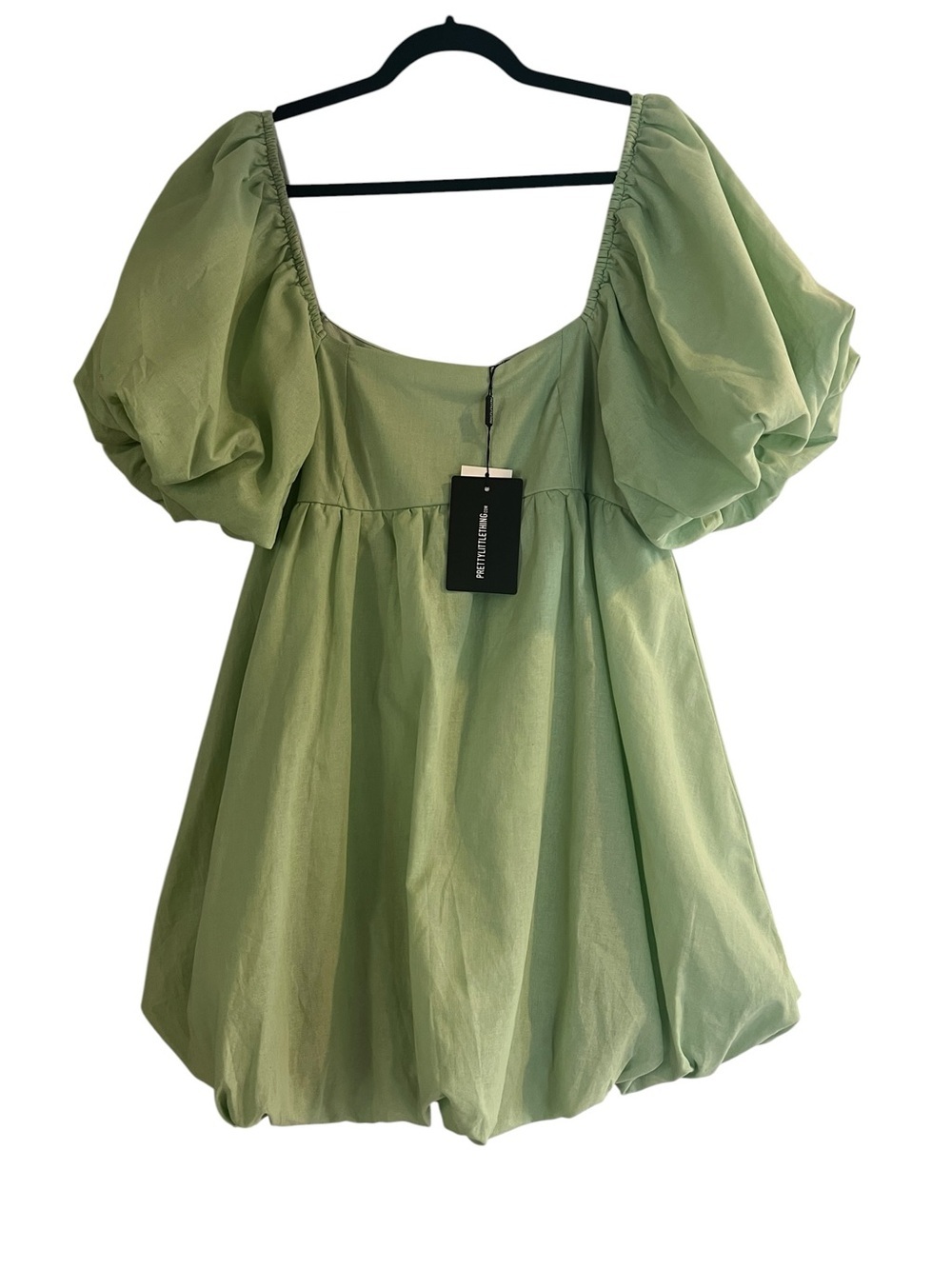 NWT PrettyLittleThing Sage Green Puff-Sleeve Square Neck Babydoll Mini Dress- 6